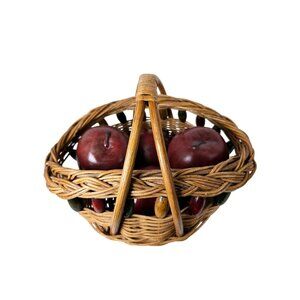 Vintage Woven Basket Wood Beads Ceramic Lifesize Apples Staging Home Décor